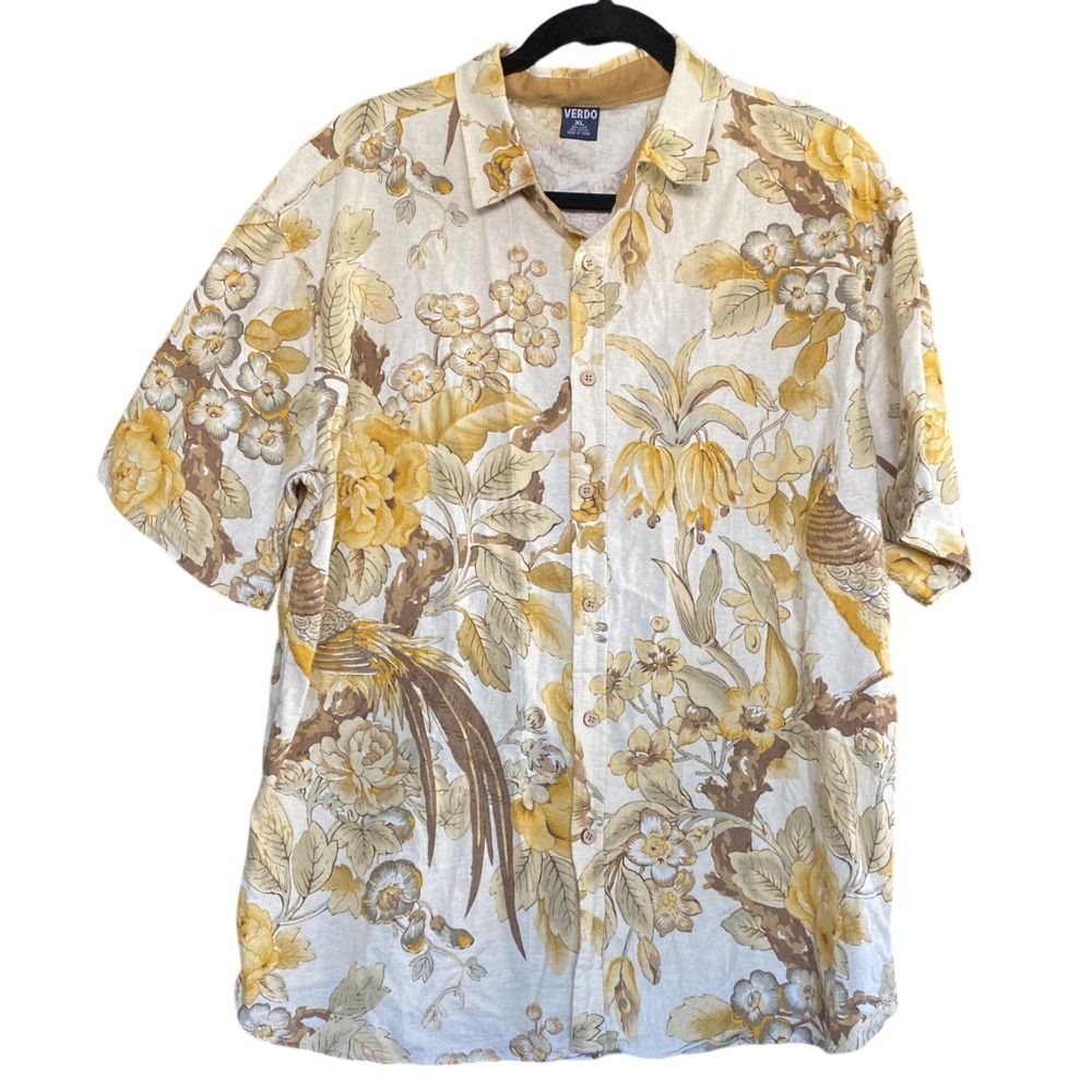 Verdo‎ Linen Pheasant Bird Floral Short Sleeve Cream Button Shirt XL Tropical